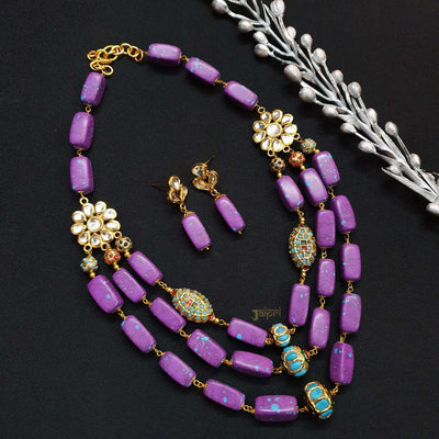 Floral Kundan & Purple Beads Stone Necklace With Earrings