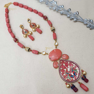 Pink Beads Stone & Meenakari Fusion Pendant With Earrings