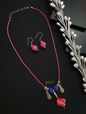 Pink Beads Stone Necklace With Earrings