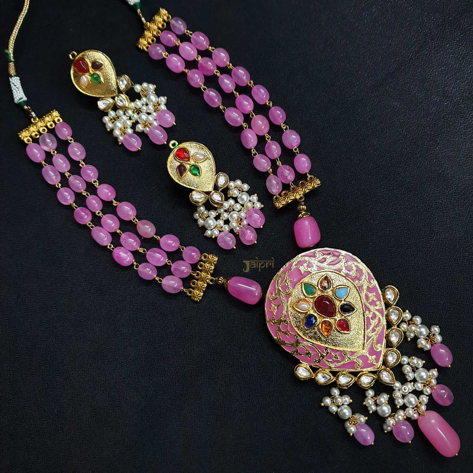 Pink Beads Stone Meenakari Tear-Drop Pendant With Earrings