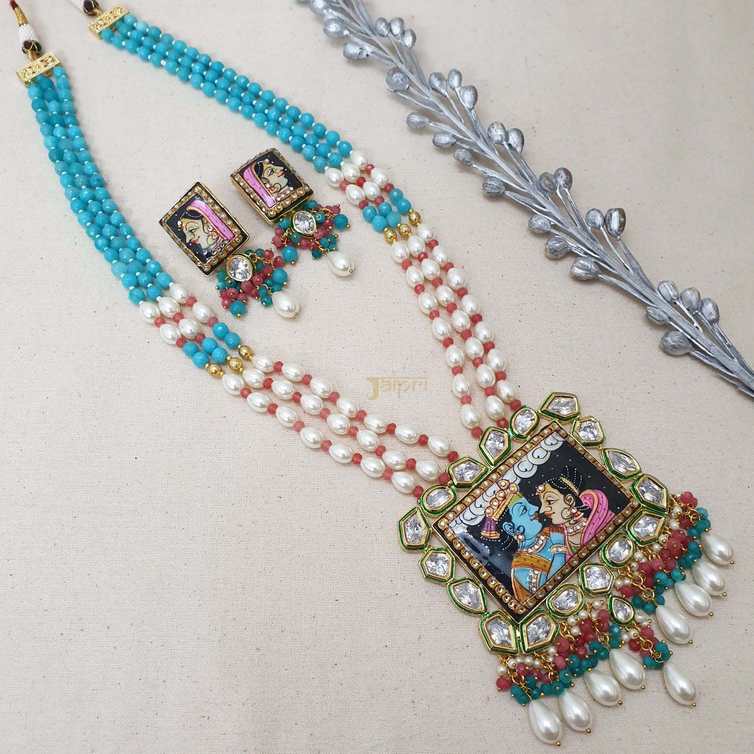 Radhakrishnan Painting With Turquoise & Pearl Stone Necklace With Earrings