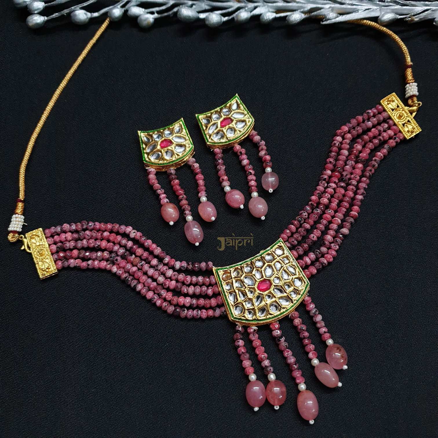 Ruby Beads Stone Kundan-Jadau Choker With Earrings