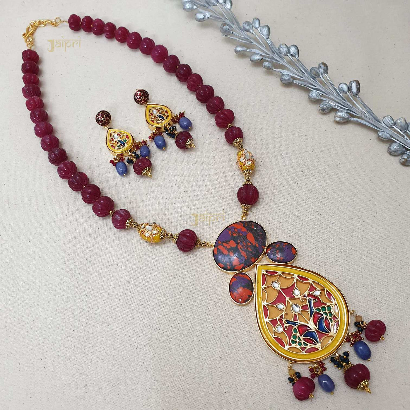 Ruby Beads Stone & Yellow Meenakari Fusion Pendant With Earrings