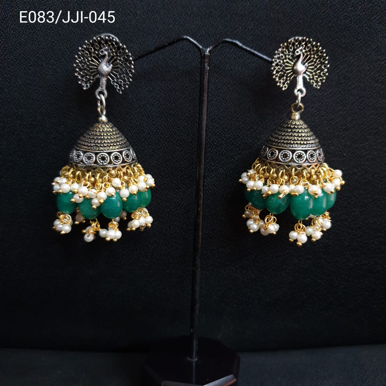 Peacock Design Emerald Green Stone Jhumki Earrings