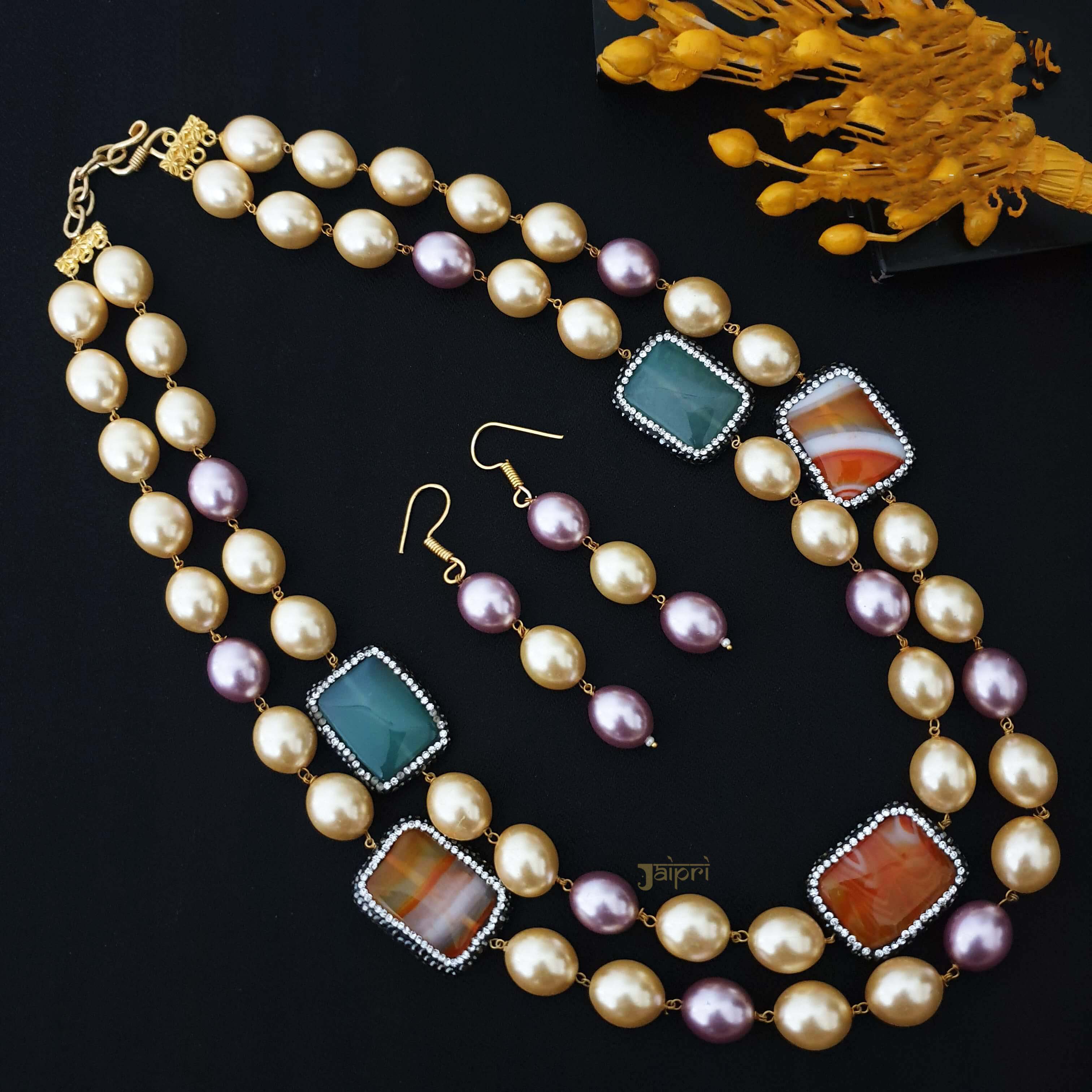 Two Layered Premium Pearl Stone Beads Necklace With Earrings