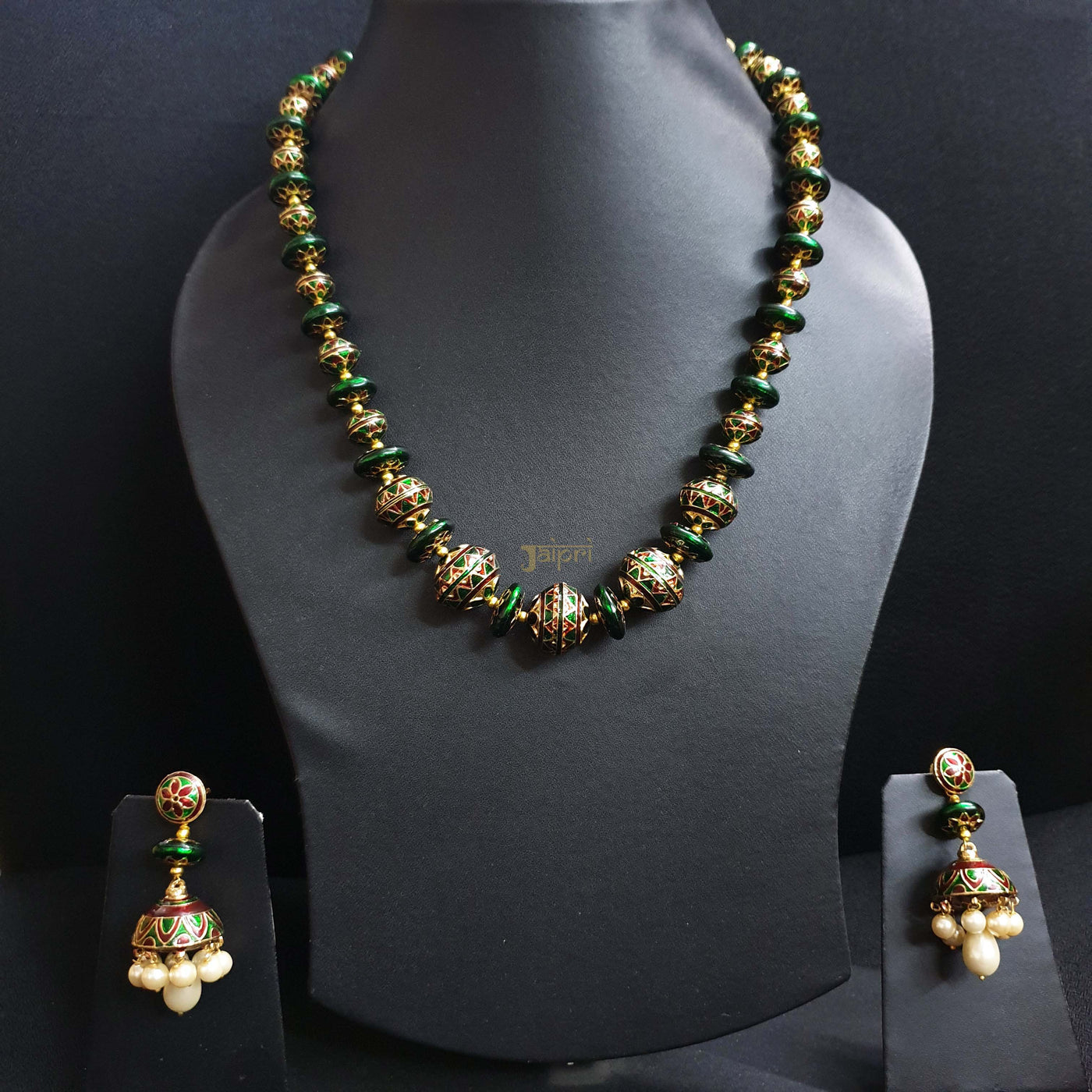 Green Meenakari Beads Necklace With Earrings