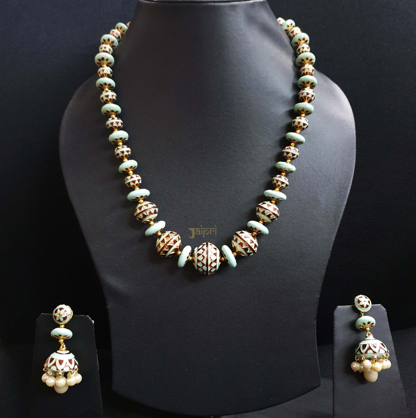 Turquoise Meenakari Beads Necklace With Earrings