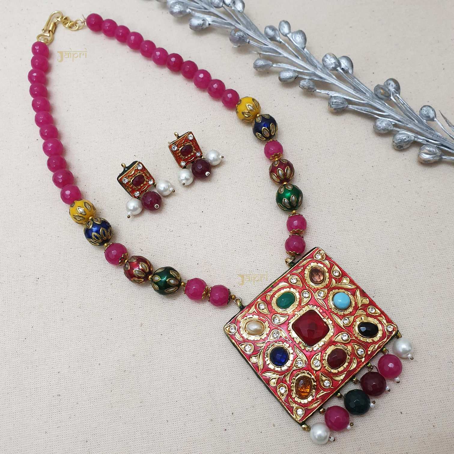 Multicolor Beads Stone Meenakari Pendant With Earrings