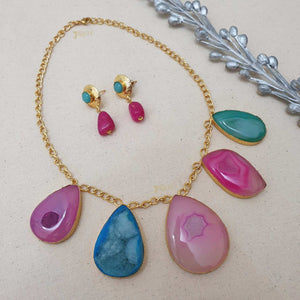 Tear-Drop Multicolor Stone Fusion Gold Necklace With Earrings