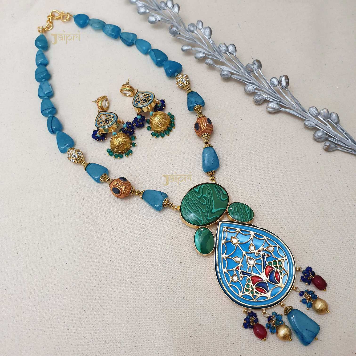 Green & Turquoise Beads Stone, Meenakari Fusion Pendant With Earrings