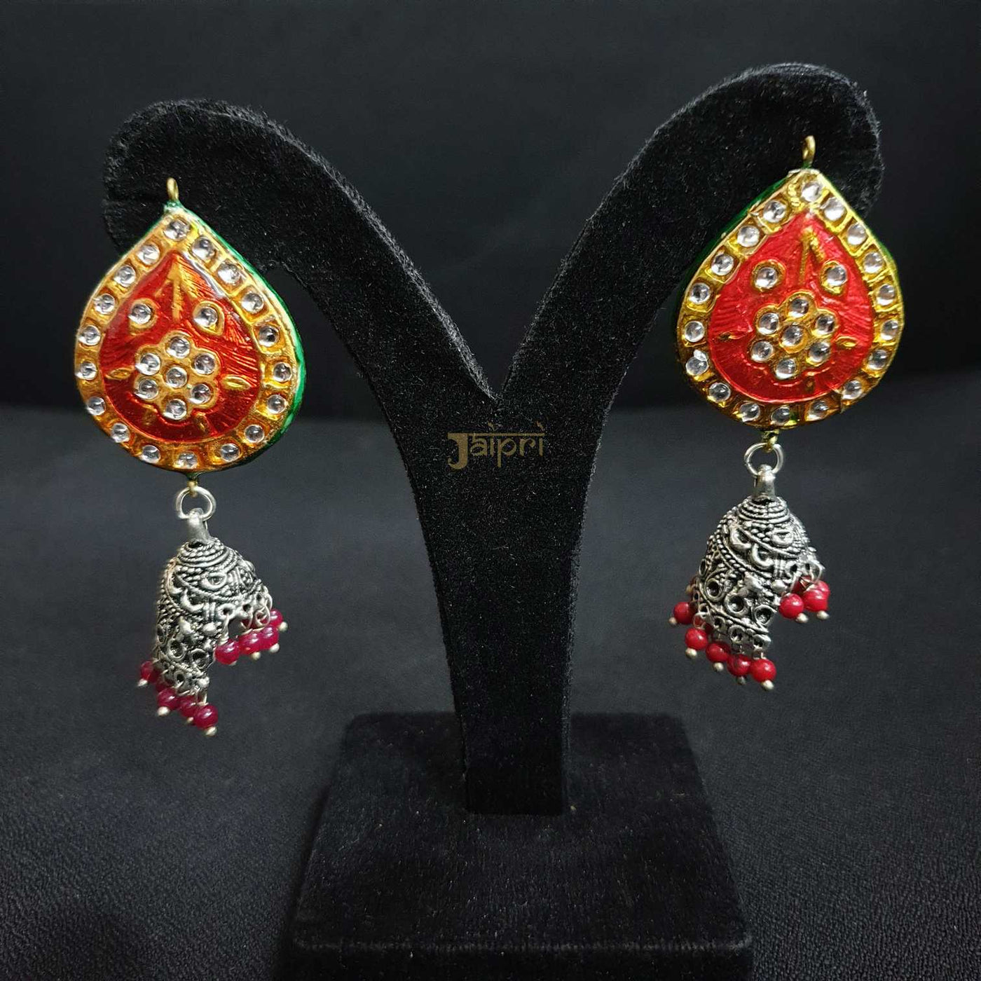 Tear-Drop Design Kundan & Meenakari Jhumki Earrings