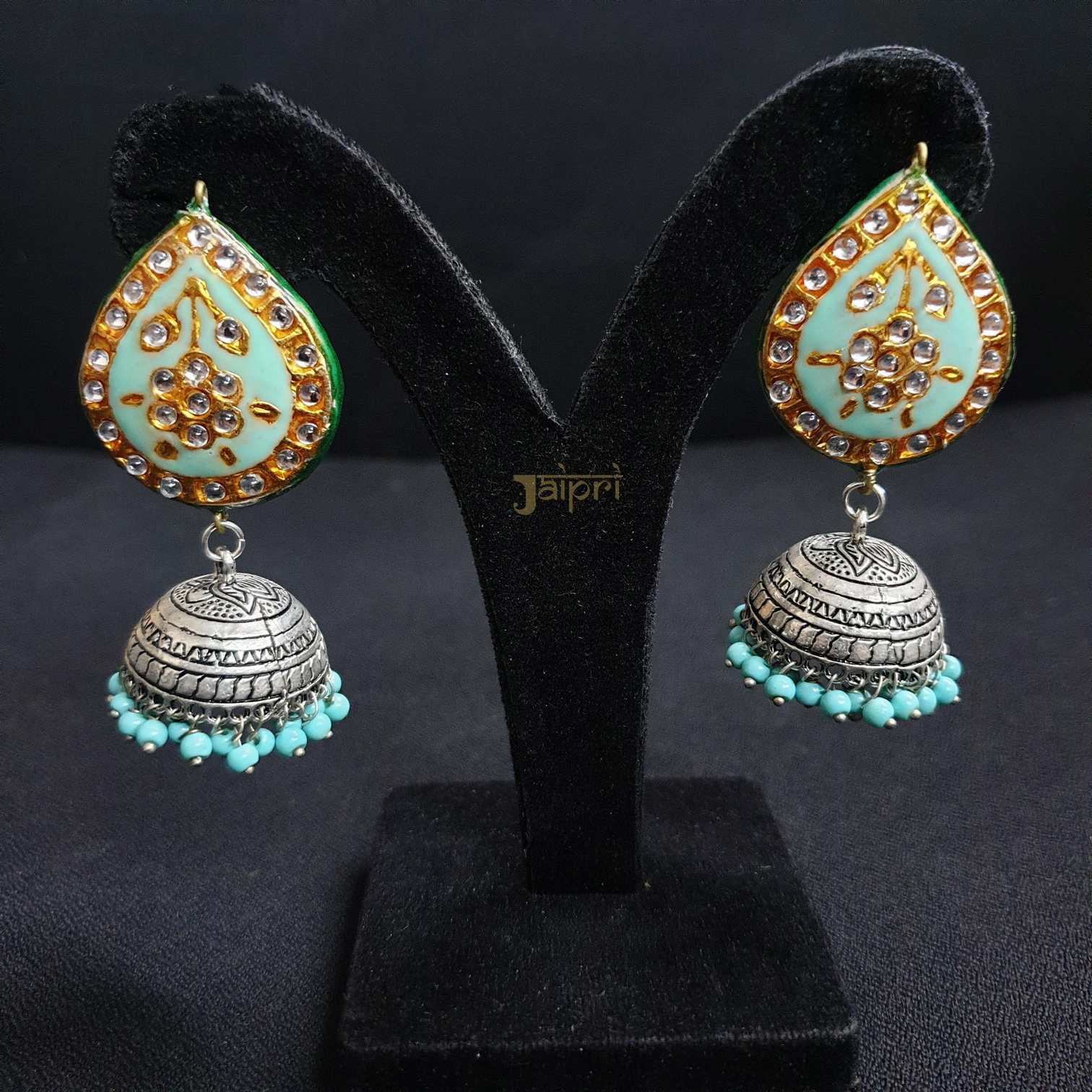 Turquoise Tear-Drop Design Kundan & Meenakari Jhumki Earrings