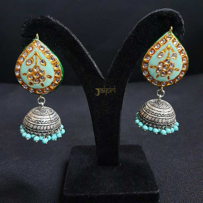 Turquoise Tear-Drop Design Kundan & Meenakari Jhumki Earrings