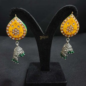 Yellow Tear-Drop Design Kundan & Meenakari Jhumki Earrings