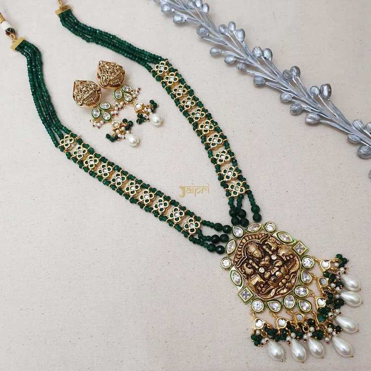 Temple Jewelry Design Green & Pearl Stone Necklace With Earrings