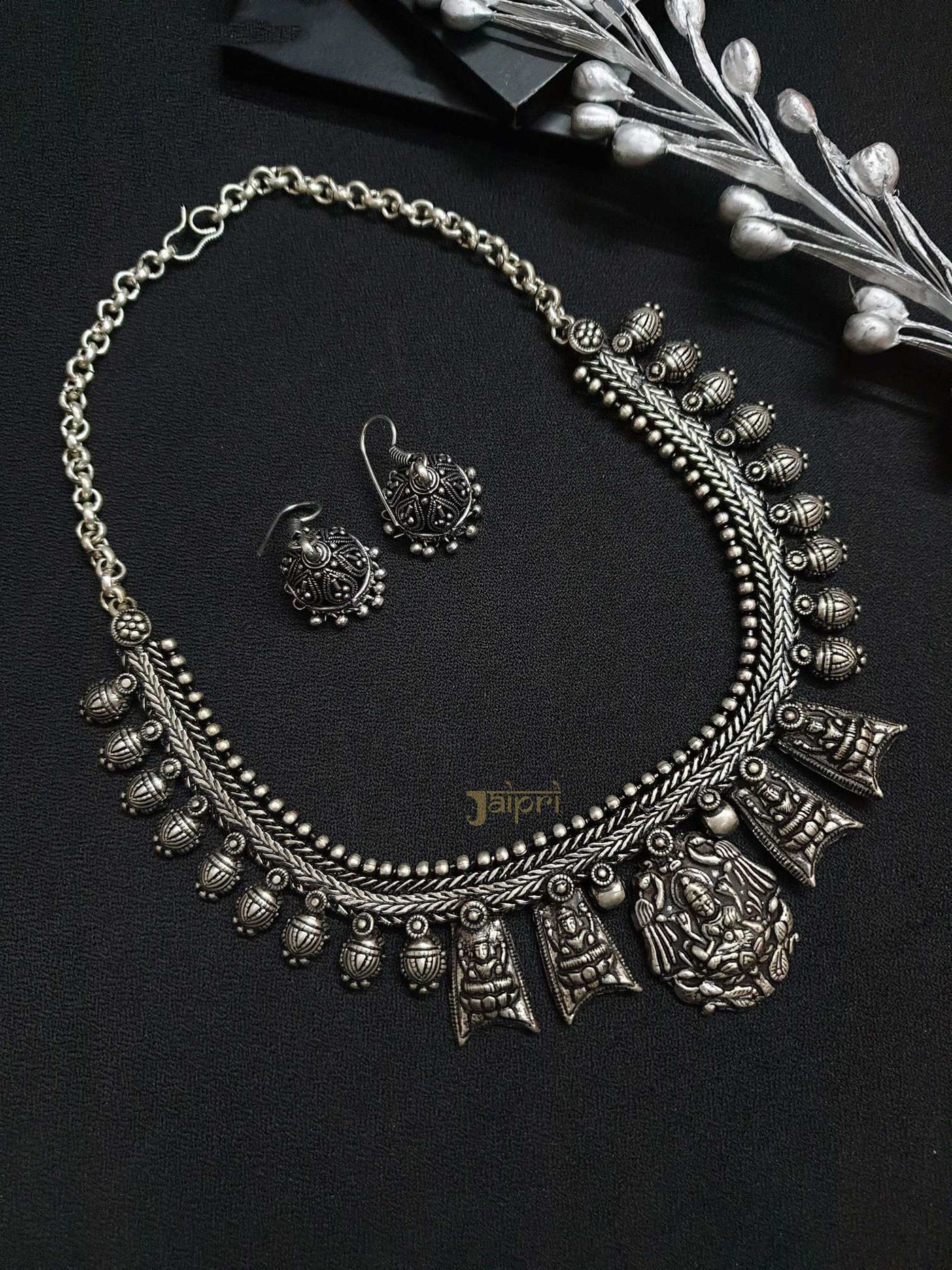 Temple Oxidized Choker Necklace With Jhumki Earrings