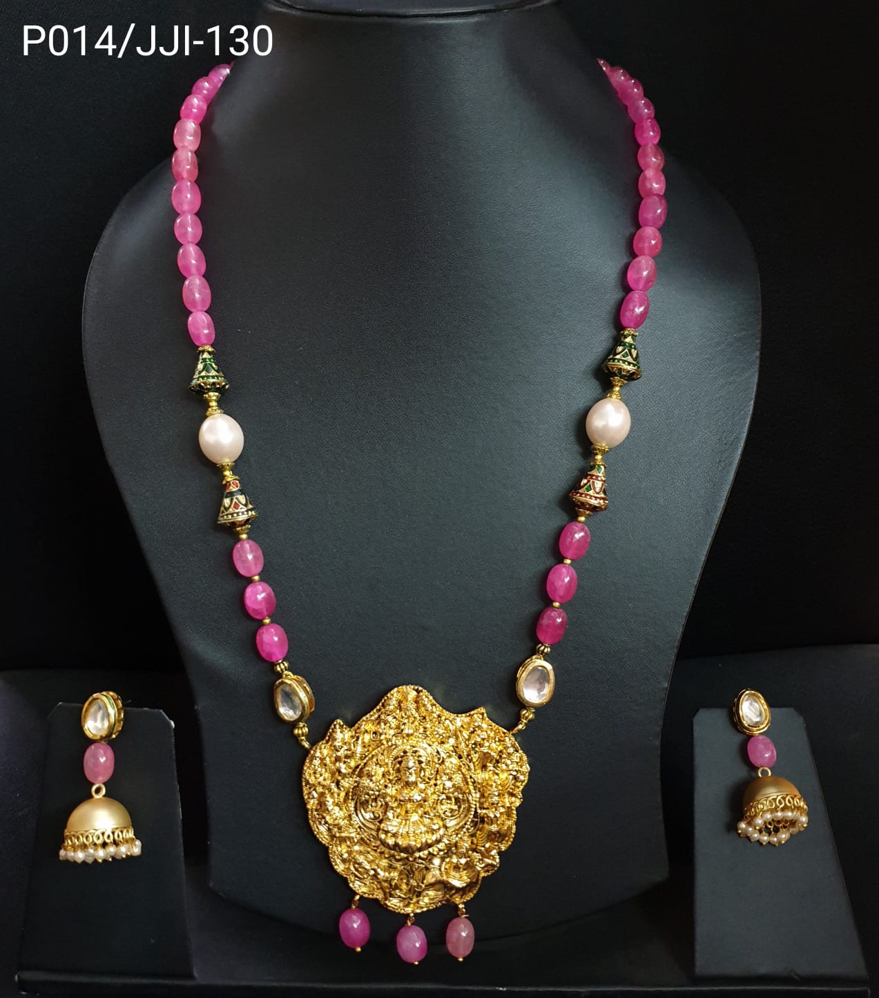 Gold Tone Temple Pendant Set With Earrings