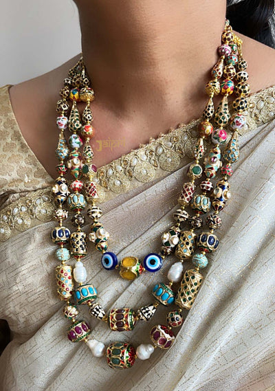Multilayered Jadau Beads Necklace With Earrings