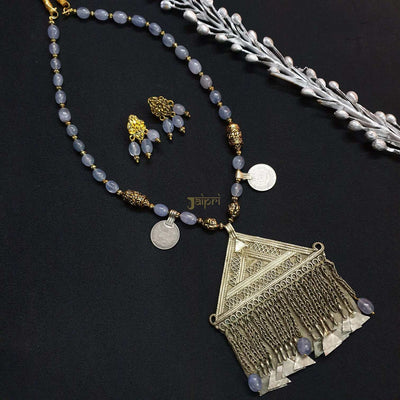 Triangle Design & Grey Stone Beads Necklace With Earrings