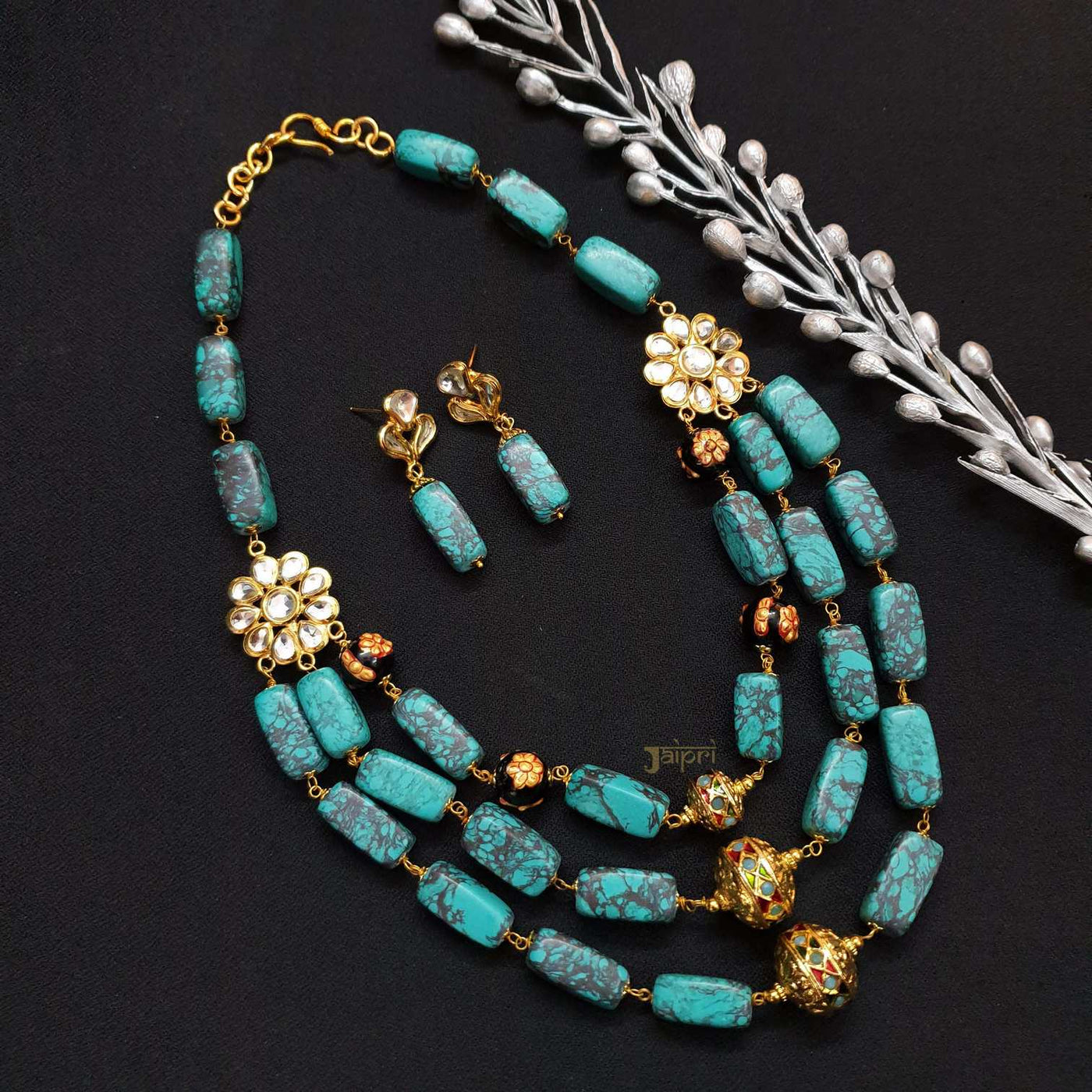 Floral Kundan Turquoise Beads Stone Necklace With Earrings