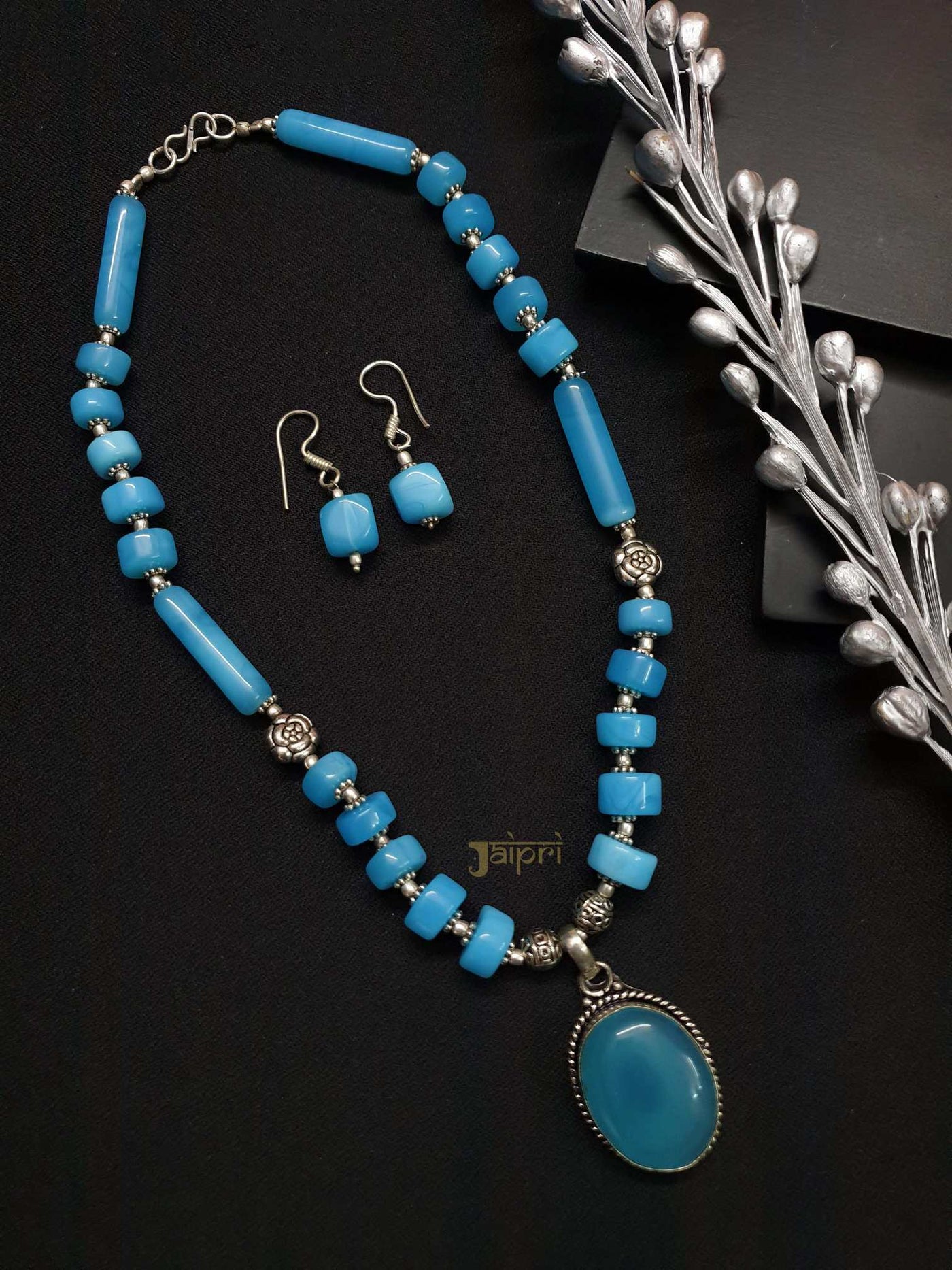 Adorable Turquoise Beads Stone, Oval Necklace With Earrings