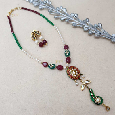 Green & Pearl Beads Stone Meenakari Pendant With Earrings