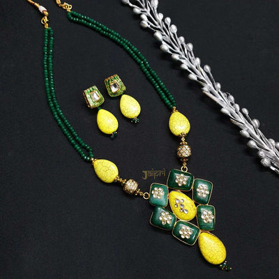 Green & Yellow Beads Stone & Fusion Pendant With Earrings